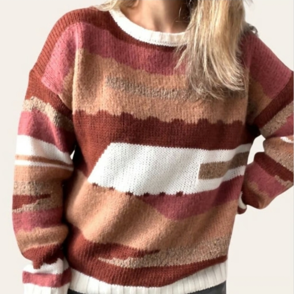 Elsamanda Anthropologie Colorblock  Wool Alpaca Knit Sweater Earth Tones